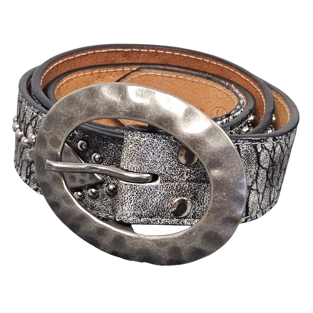 3D‎ Leather Lined Western Belt XL Hammered Oval Buckle Studded Silver Cowboy